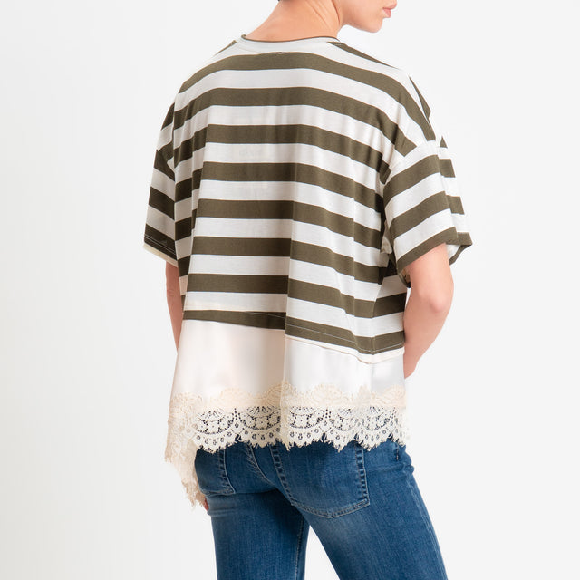 Dixie-T-shirt righe asimmetrico con pizzo - burro/muschio