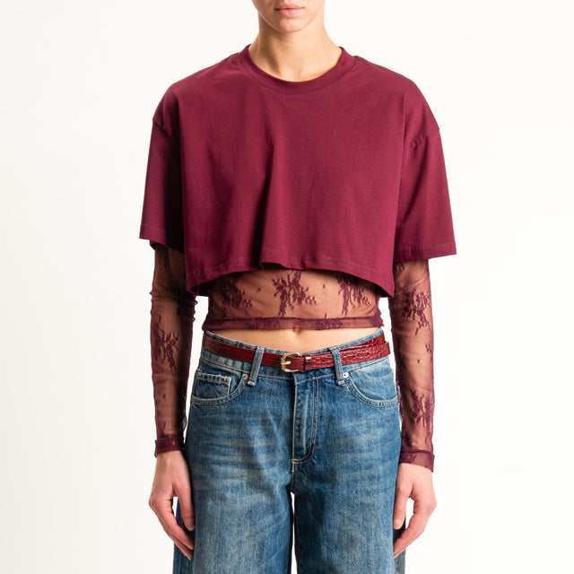 Dixie-T-shirt crop doppio tessuto con pizzo - bordeaux