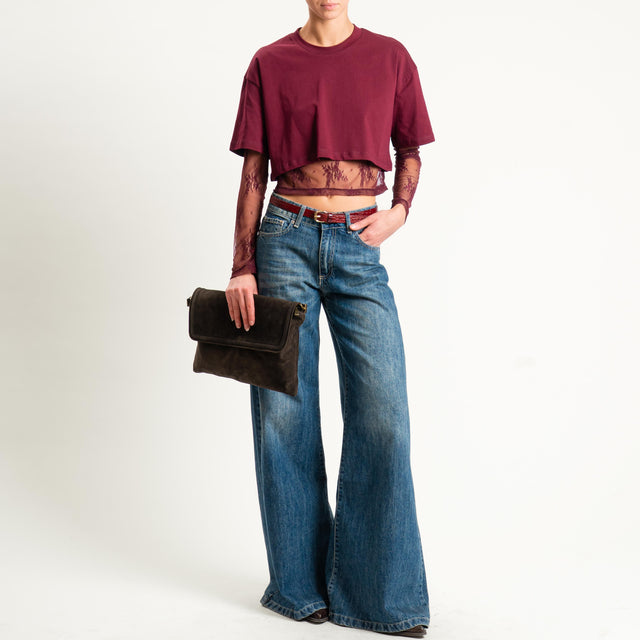 Dixie-T-shirt crop doppio tessuto con pizzo - bordeaux
