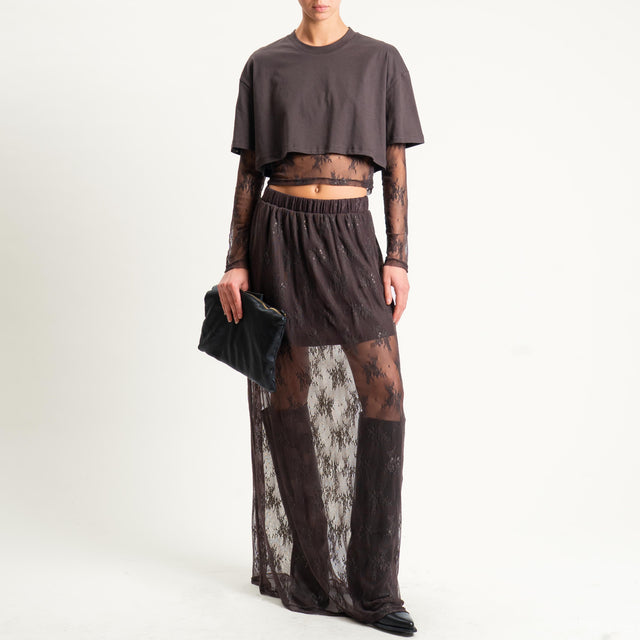 Dixie-T-shirt crop doppio tessuto con pizzo - moro