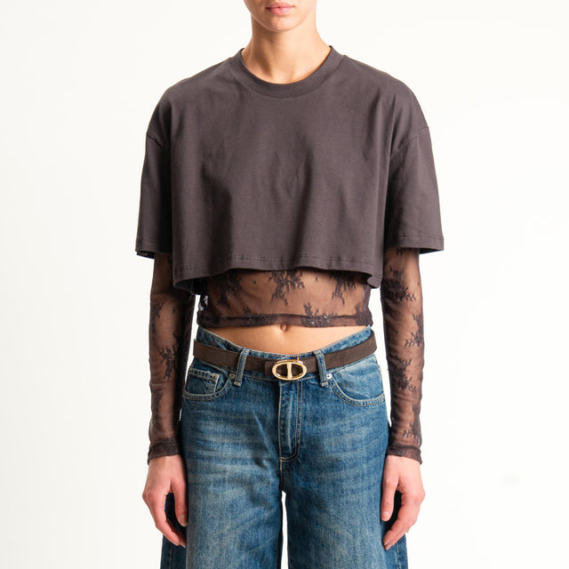 Dixie-T-shirt crop doppio tessuto con pizzo - moro