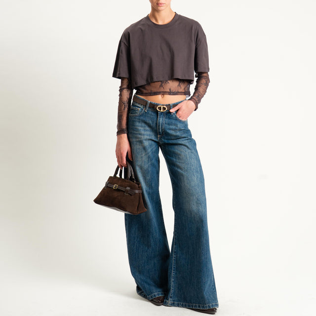 Dixie-T-shirt crop doppio tessuto con pizzo - moro