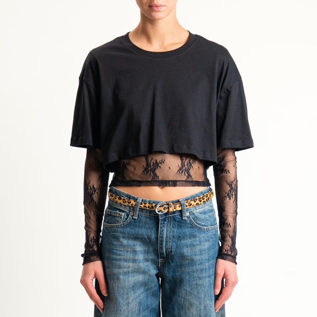 Dixie-T-shirt crop doppio tessuto con pizzo - nero