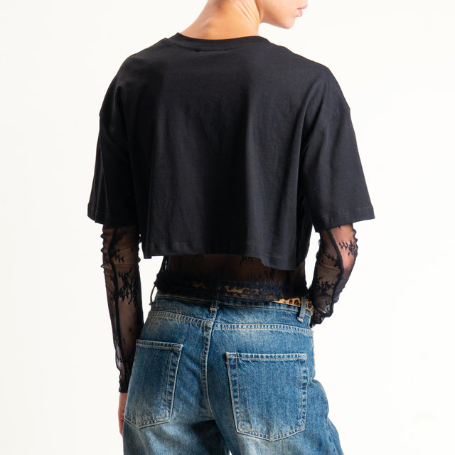 Dixie-T-shirt crop doppio tessuto con pizzo - nero