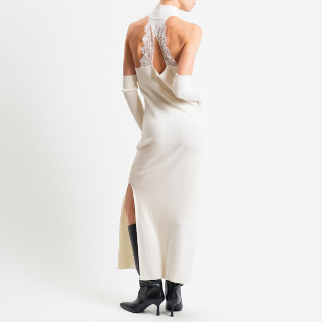 Haveone-Abito a costine con pizzo + manicotti - panna