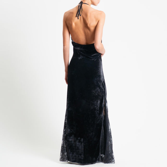 Haveone-Abito velluto ciniglia con pizzo - nero