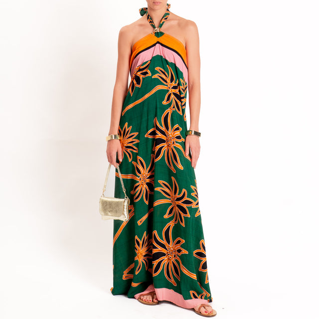 Haveone-Abito fantasia scollo halter - verde/rosa/orange