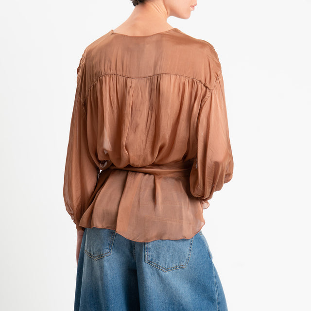 Haveone-Blusa mussola con fusciacca misto seta - caramello