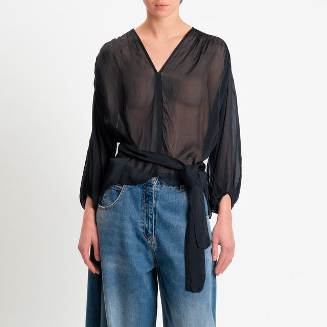 Haveone-Blusa mussola con fusciacca misto seta - nero