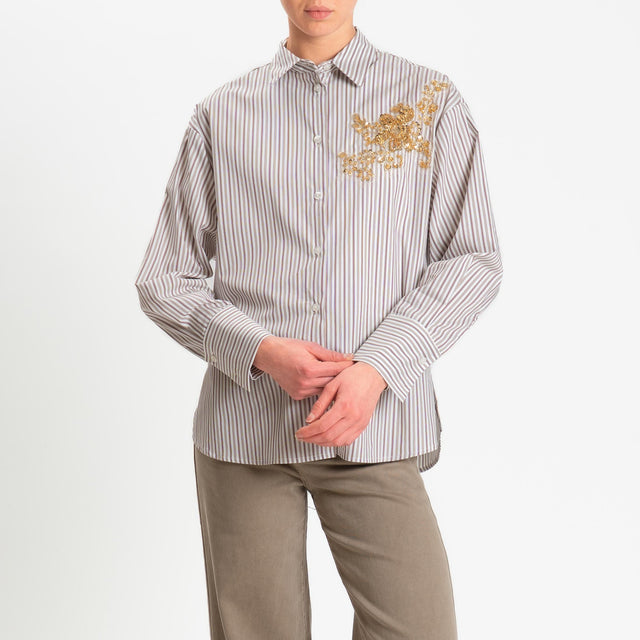 Haveone-Camicia righe con ricami - bordeaux/tabacco/bianco