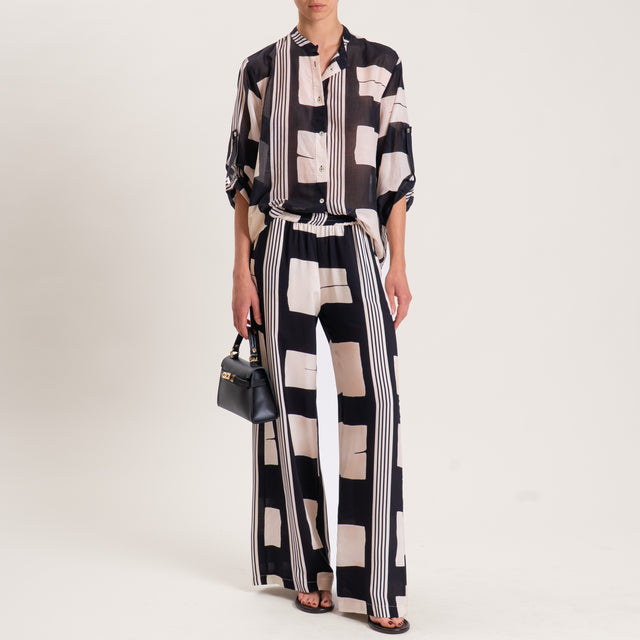 Haveone-Camicia in mussola fantasia optical - burro/nero