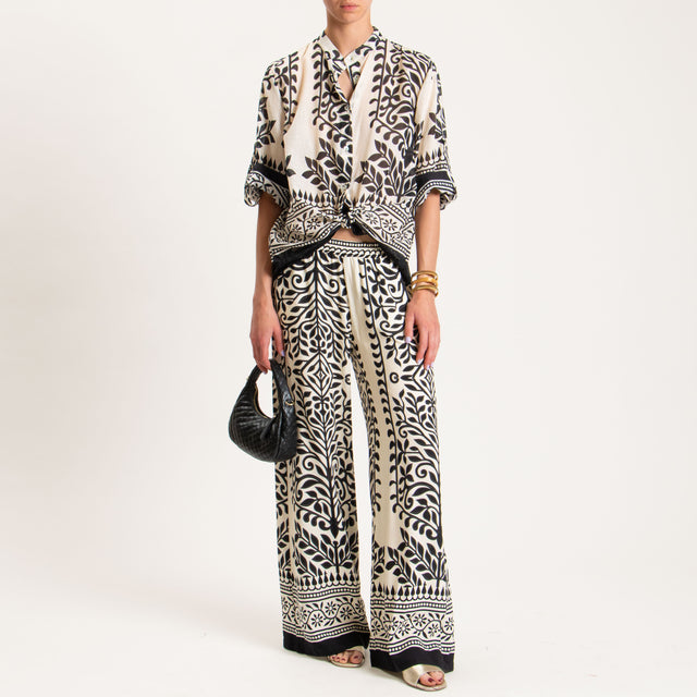 Haveone-Camicia mussola collo coreana fantasia - latte/nero