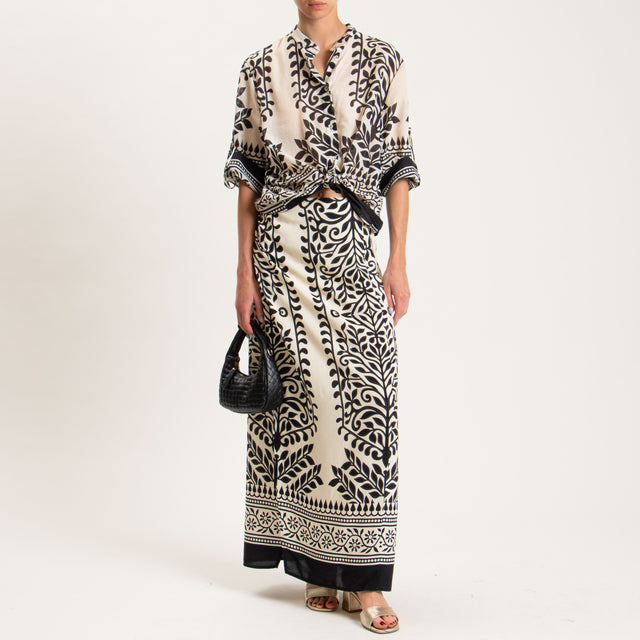 Haveone-Camicia mussola collo coreana fantasia - latte/nero