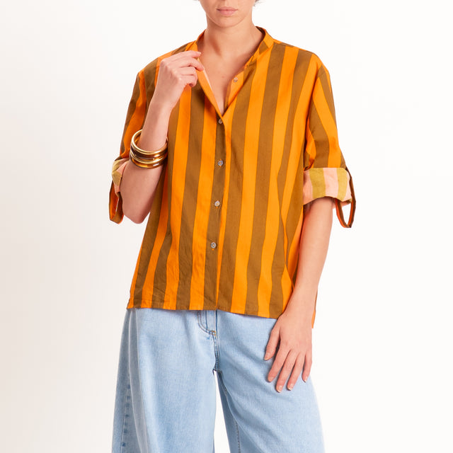 Haveone-Camicia righe collo coreana - arancio/kaki