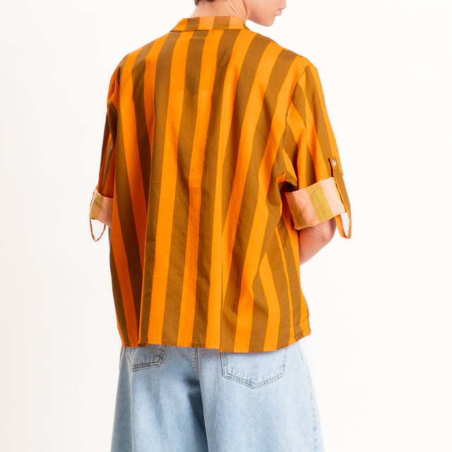 Haveone-Camicia righe collo coreana - arancio/kaki