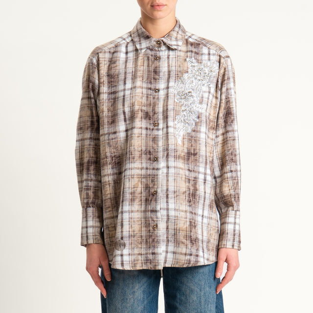 Haveone- Camicia in flanella con patch - beige/moro
