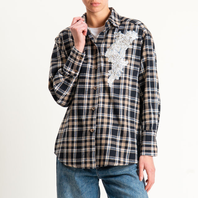 Haveone-Camicia check in flanella con strass - nero/latte/beige