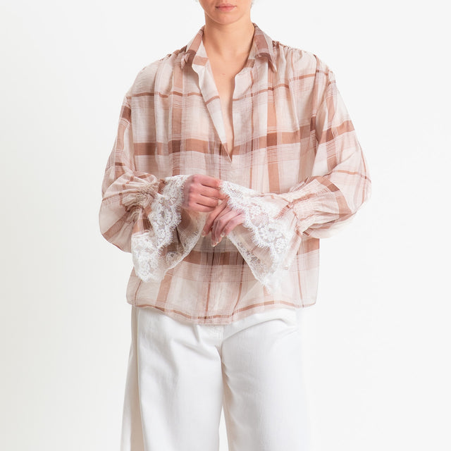 Haveone-Blusa check mussola di lyocell con pizzo - cipria/burro