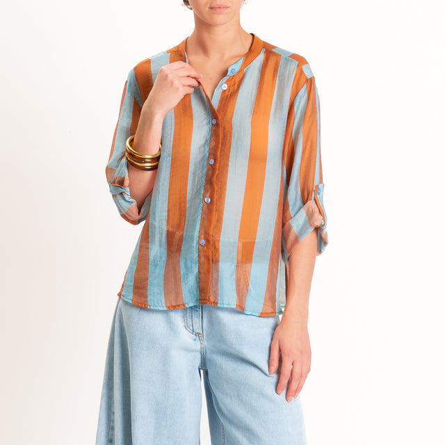Haveone-Camicia a righe mussola di lyocell - celeste/tabacco