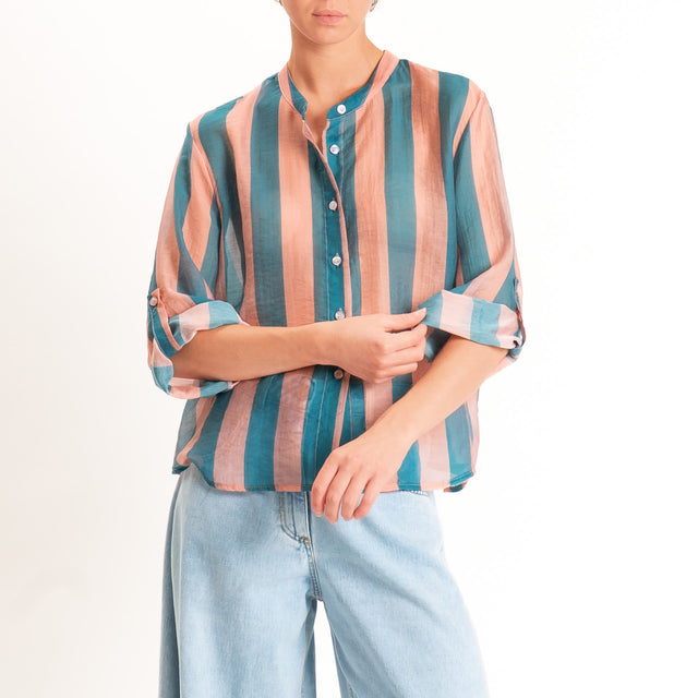 Haveone-Camicia a righe mussola di lyocell - ottanio/rosa