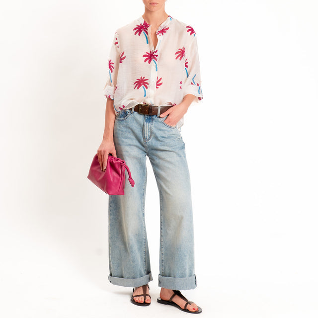 Haveone-Camicia mussola lyocell fantasia palme - burro/malva/royal