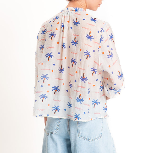 Haveone-Camicia mussola lyocell fantasia palme - burro/royal/arancio