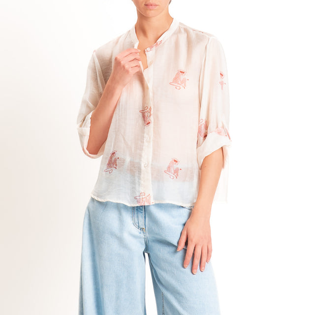 Haveone-Camicia mussola lyocell fantasia monkeys - burro/rosso