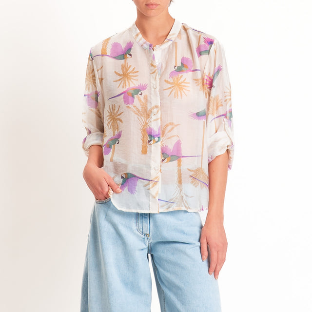 Haveone-Camicia mussola lyocell fantasia pappagalli - burro/lilla
