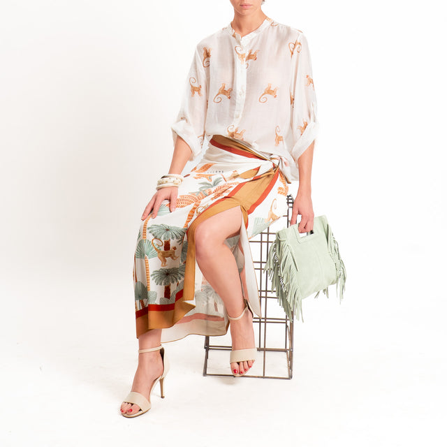 Haveone-Camicia mussola lyocell fantasia scimmie - burro/tabacco