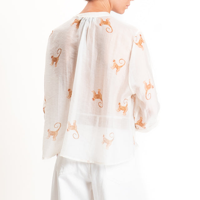 Haveone-Camicia mussola lyocell fantasia scimmie - burro/tabacco