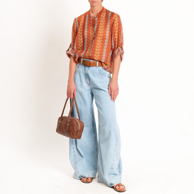 Haveone-Camicia mussola lyocell fantasia zig zag - tabacco/coccio/azzurro