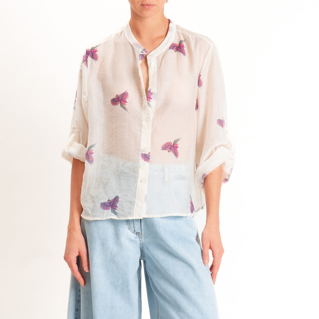 Haveone-Camicia mussola di lyocell fantasia pappagalli - burro/fucsia
