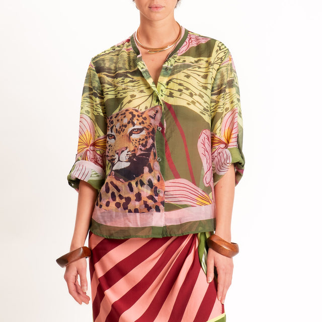 PRE ORDER 14/07 Haveone-Camicia mussola fantasia leopardo - verde/rosa/india