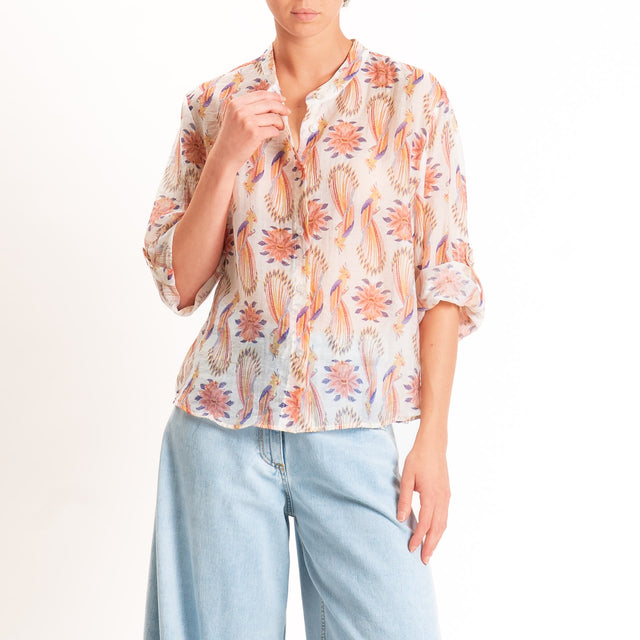 Haveone-Camicia mussola di lyocell fantasia pappag - burro/rosa/viola
