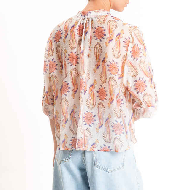 Haveone-Camicia mussola di lyocell fantasia pappag - burro/rosa/viola