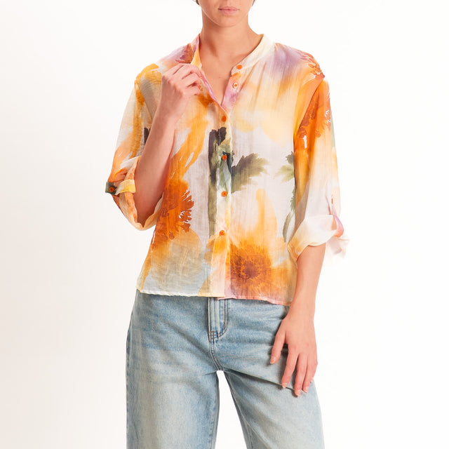 Haveone-Camicia fantasia mussola di lyocell - arancio/verde/glicine