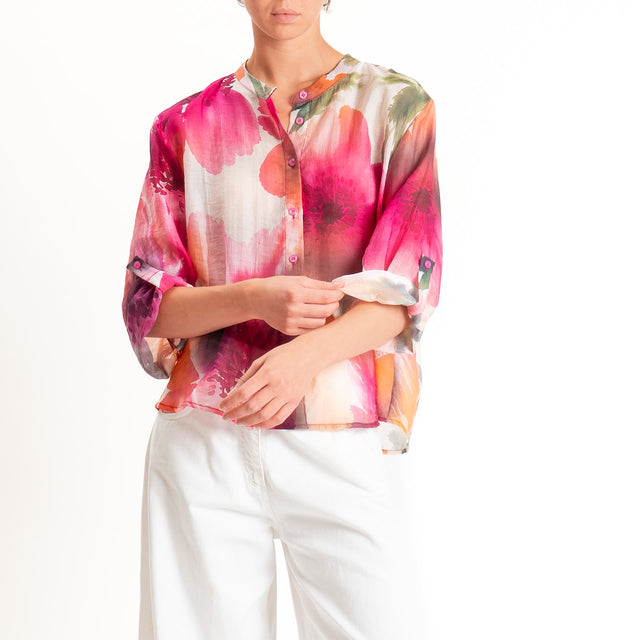 Haveone-Camicia fantasia mussola di lyocell - fucsia/arancio/burro