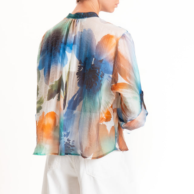Haveone-Camicia fantasia mussola di lyocell - turchese/burro/arancio