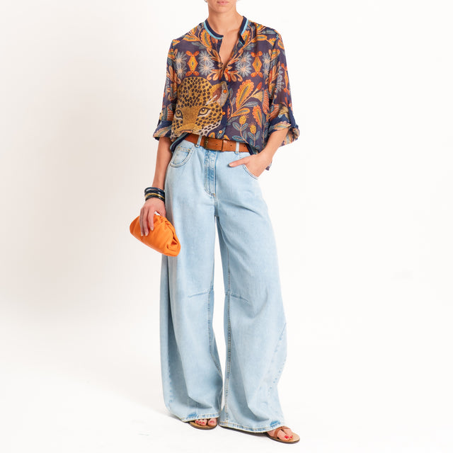 Haveone-Camicia mussola fantasia tigre - blu/arancio/cuoio