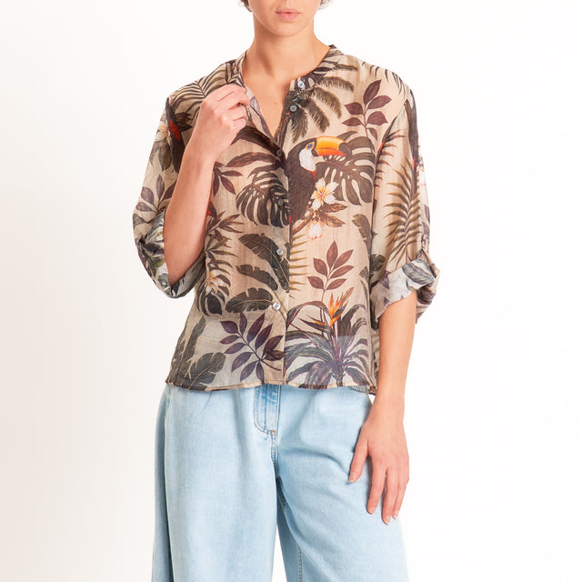Haveone-Camicia mussola fantasia tucani - militare/taupe/vino