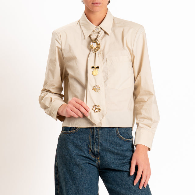 Haveone-Camicia con cravatta dettaglio spille - beige