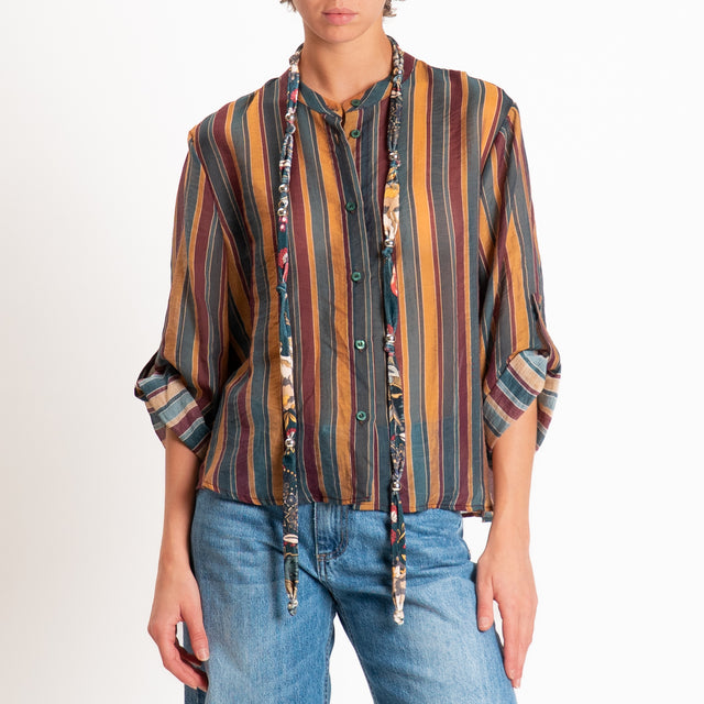 Haveone-Camicia a righe in mussola con collana - verde/bordeaux/cuoio