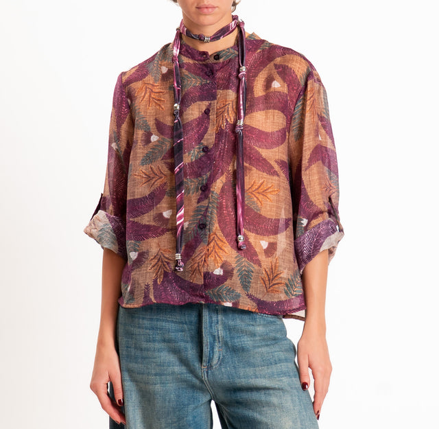 Haveone-Camicia mussola fantasia foglie con collana - noce/ciclamino/verde