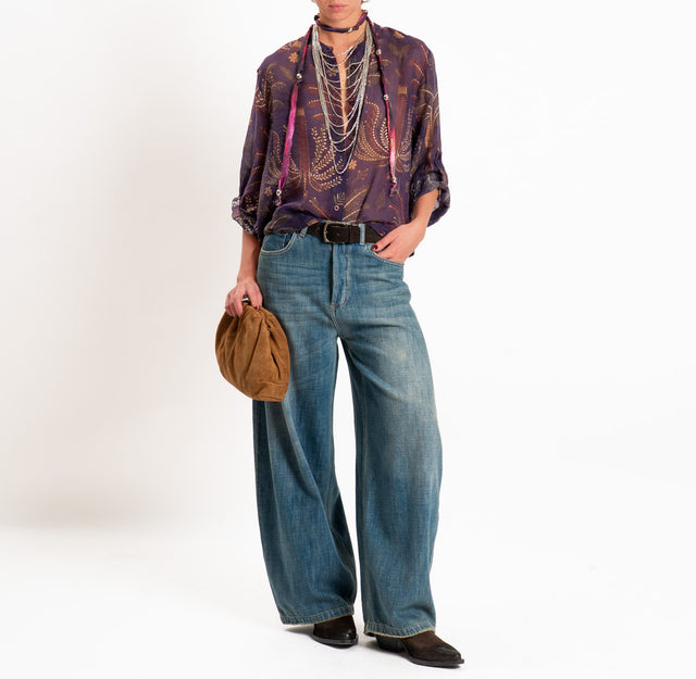 Haveone-Camicia mussola fantasia palme con collana - viola/militare/vino