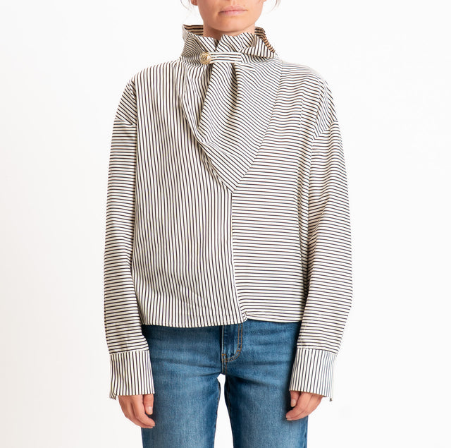 Haveone-Blusa righe bottone dorato - moro/latte