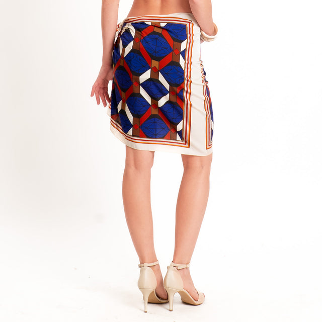 Haveone-Gonna corta pareo fantasia geometrica - bluette/coccio/burro