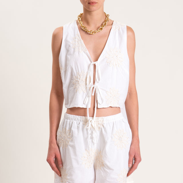 Haveone-Completo gilet e shorts con ricami - panna