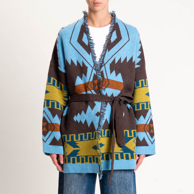 Haveone-Cardigan jaquard con frange - azzurro/moro/ottanio