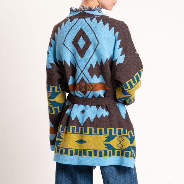 Haveone-Cardigan jaquard con frange - azzurro/moro/ottanio