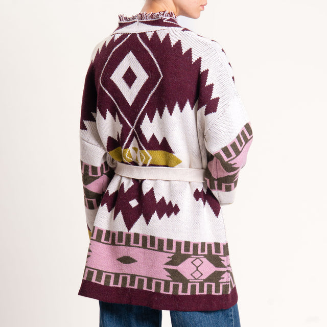 Haveone-Cardigan jaquard con frange - vino/burro/rosa